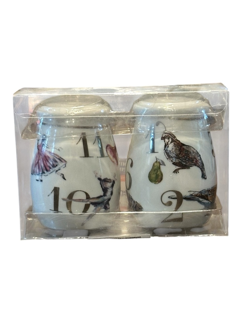 12 Days of Christmas Porcelain Salt & Pepper Shakers - Bird & Number Design